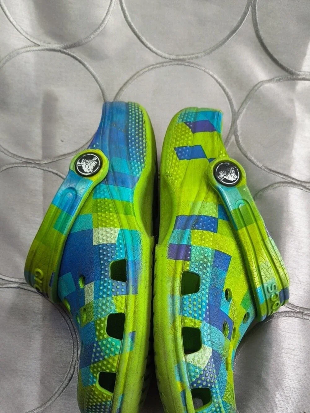 CROCS Kids Green and Blue Patterned Clogs with Heel Strap Size C13 AA